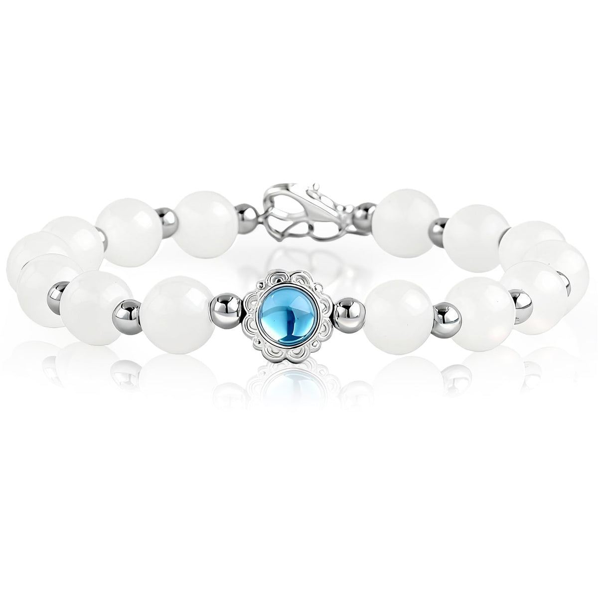 NINATY Beaded Bracelets for Women Dainty White Moonstone Bracelet Adjustable Natural Stone Silver Bead Bracelet Stretch Handmade Elastic Bracelets Trendy Jewelry Gifts for Christmas Birthday Party
