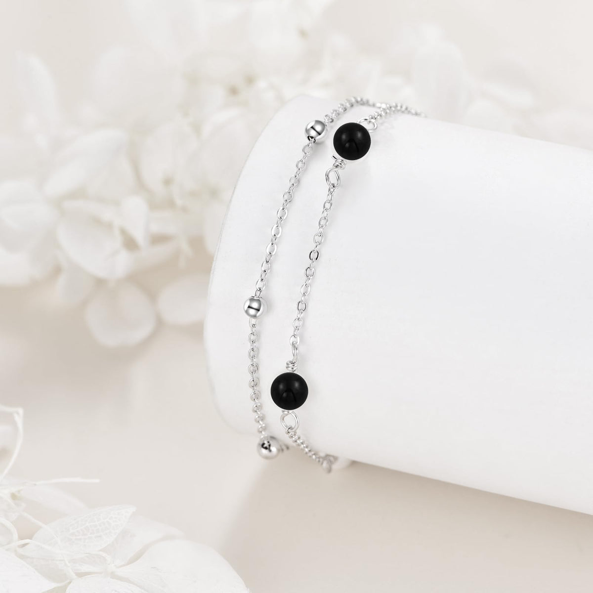 CRMAD Black Onyx Bracelet for Women Sterling Silver Beach Jewelry Gift for Women (black onyx, bracelet 7+2'')