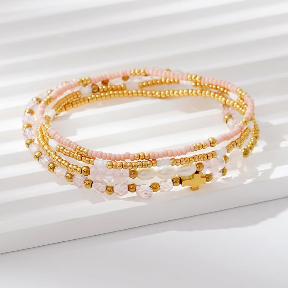 Bohxantium Gold Pearl Crystal Cross Bracelet for Women 14K Gold Plated Beads Pearl Pink Crystal Beaded Bracelet Stack Stretch Stackable Non Tarnish Trendy Jewelry Friendship Christian Gift for Women