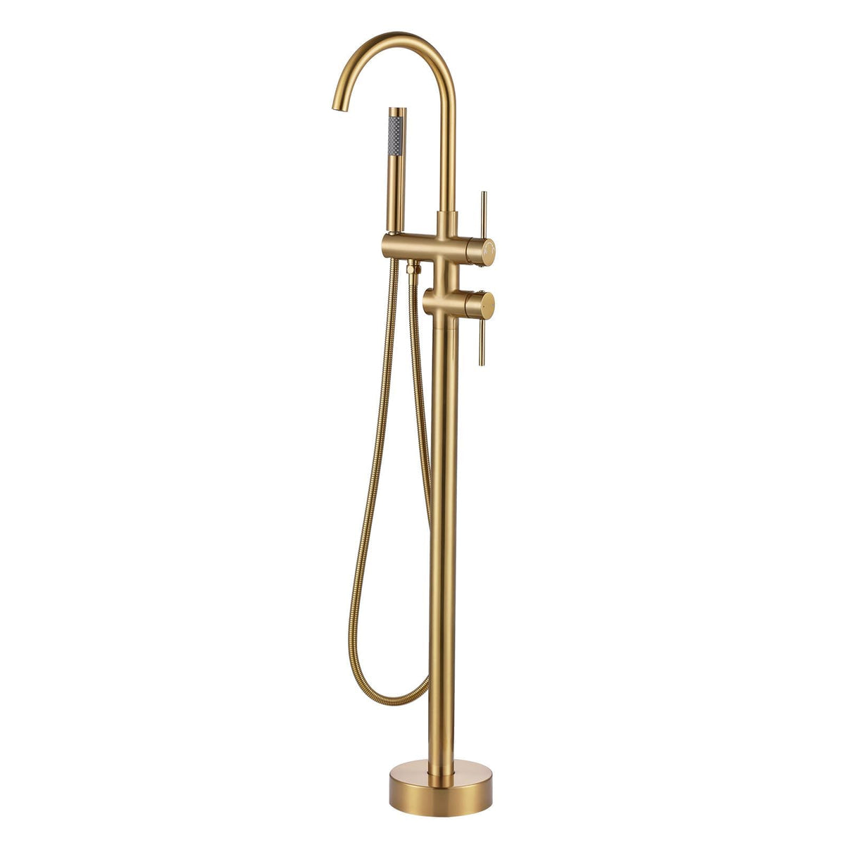 Freestanding Tub Filler Faucet, Floor Mount Brushed Gold Bathtub Faucet with Single Handheld Shower, Brass Shower Tub Faucet Set Complete, Bathtub Faucet with Shower