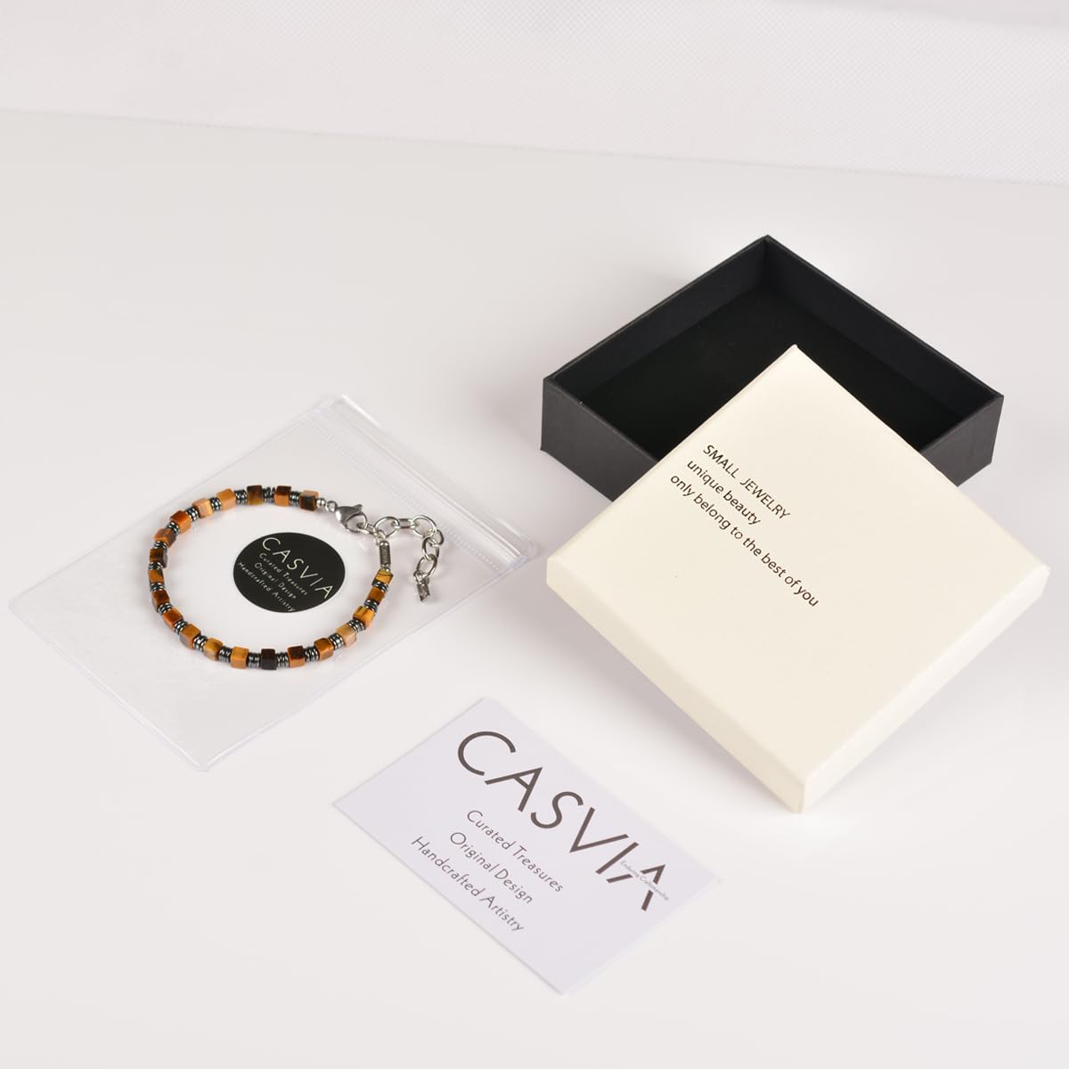 Casvia Tiger's Eye Hematite Beaded Bracelet for Men, Square Stone Adjustable Stainless Steel Chain, Handmade Stylish Jewelry Gift for Dad, Husband, Son & Friend