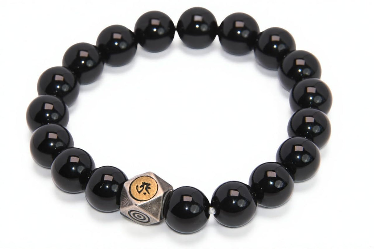 FAIRY CONCEPT Natural Black Obsidian Beaded Bracelet with Metal Charm, Polished Stone Beads, Elastic Stretch Design, Unisex Protection Jewelry