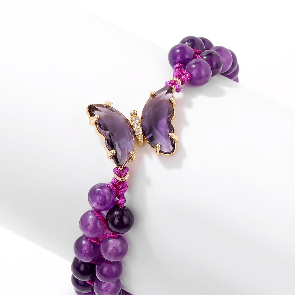 GolbalJew Natural Amethyst Bracelet for Women Healing Crystal Stone Bracelets Adjustable Braided Butterfly Charms Purple Gemstone Beads Bracelet Jewelry Women Gift