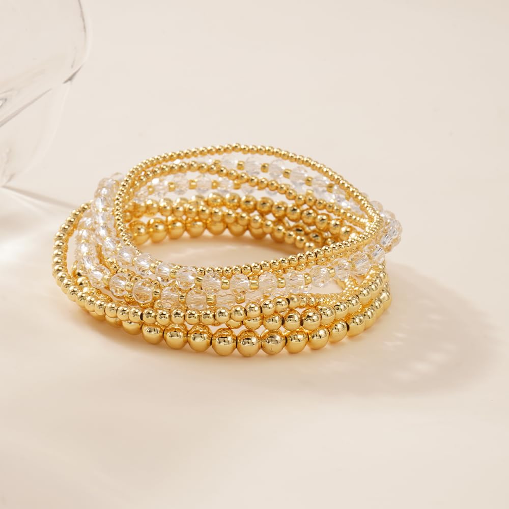 Dainty Gold Beaded Bracelet Stack for Women,Bohemia Stretch White Glass Beads Non Tarnish Stackable Bracelets Set Fashion Prom Party Holiday Accessories Jewelry Gift Friendship
