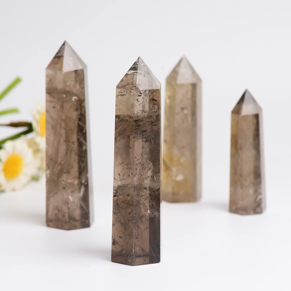WUYOUSHI 1PCS Smoky Quartz Natural Crystal Towers2.75-3.54" Healing Crystal Wand 6 Faceted Chakra Reiki Meditation Therapy