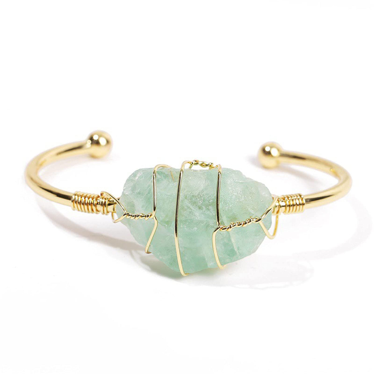 COLORFUL BLING Healing Stone Gold Plated Copper Wire Wrapped Natural Stone Cuff Bangle Gemstone Bracelet Chakra Energy Women Adjustable Open Bracelet Jewelry-D green