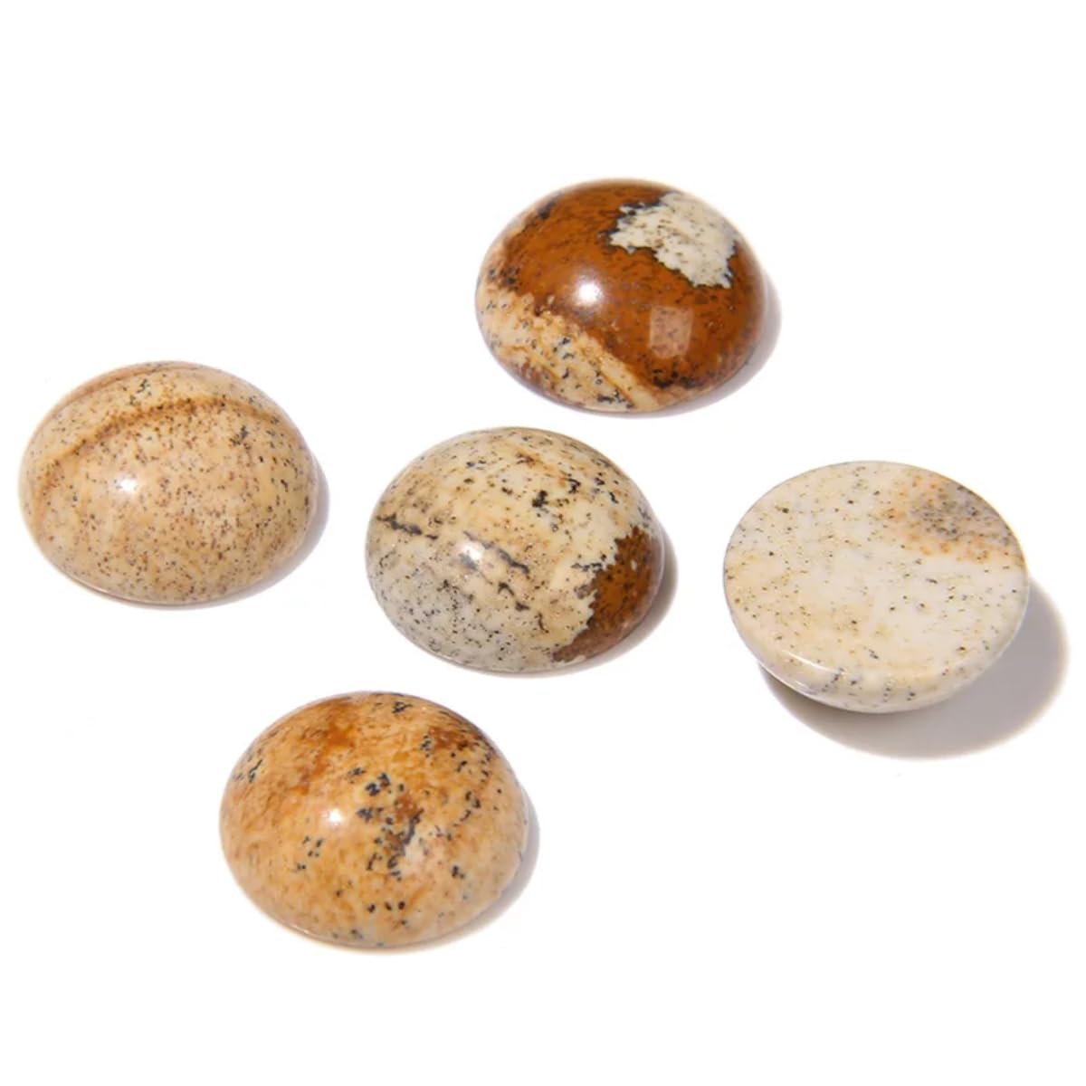20pcs 14mm Natural Stone No Hole Brown Picture Semicircle Smooth Cabochons Beads Healing Chakra Crystal Stone Bead for Jewelry Making Rings Earrings Necklace Bracelet DIY Crafts