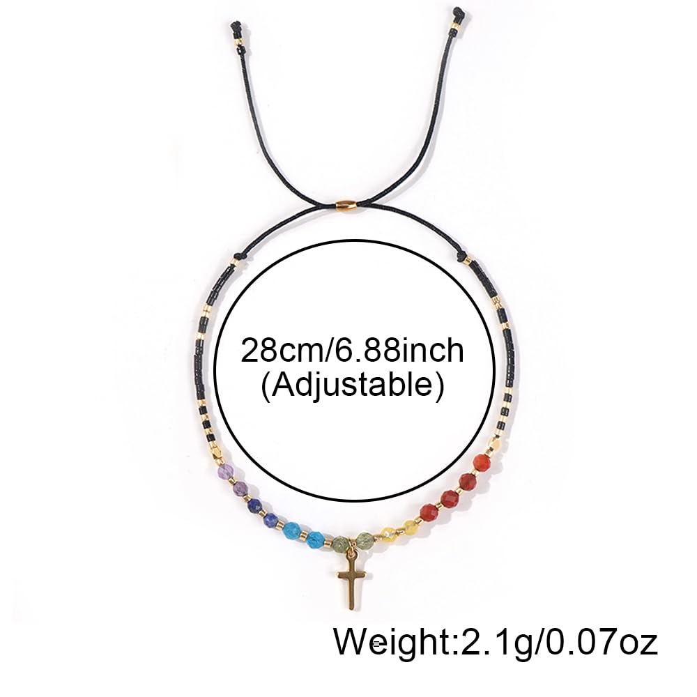 Opalencian 7 Chakra Cross Healing Crystal Beaded White Adjustable Bracelets for Women Dainty Energy Stone Beads Friendship bracelet,Handmade Fashion Charm Jewelry Gifts