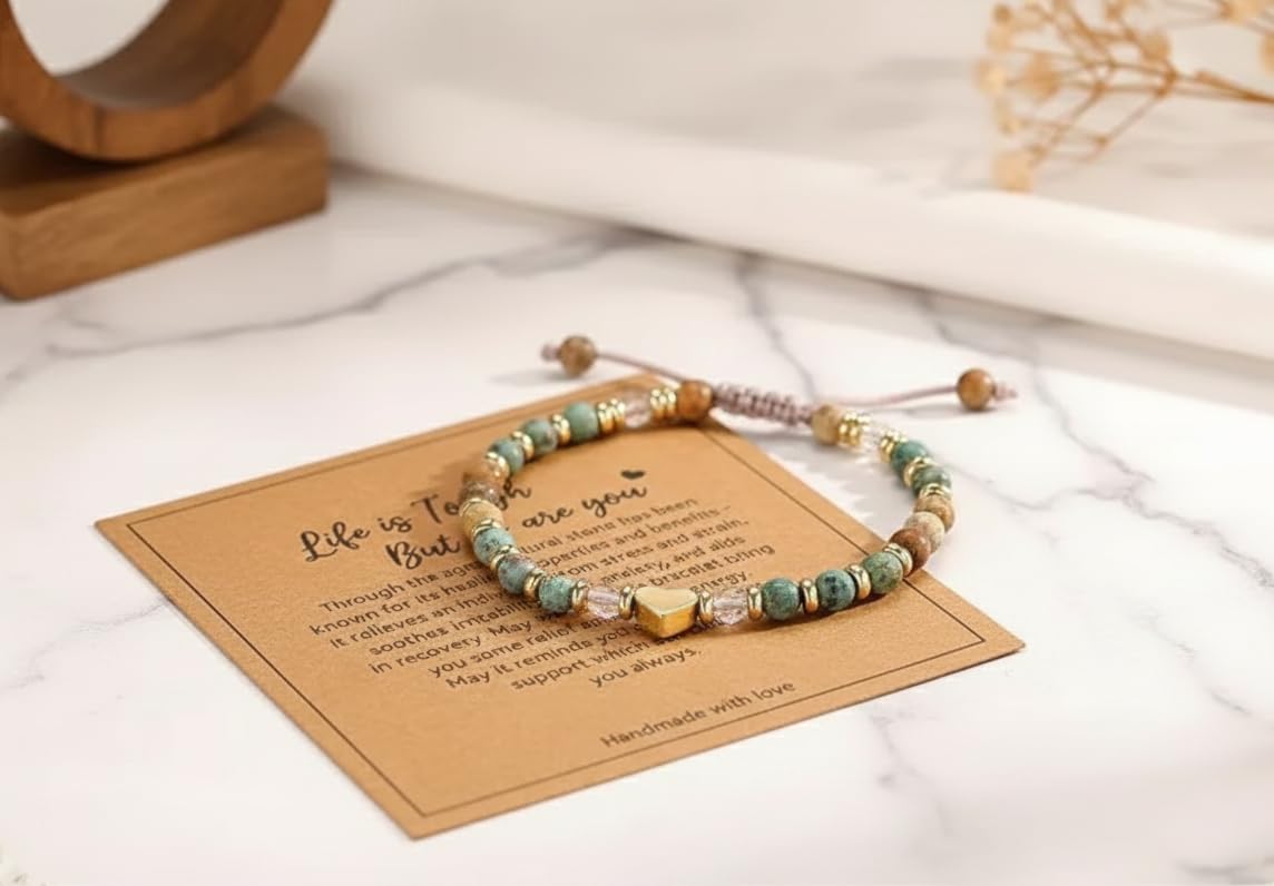 TUQBA Inspirational Healing Bracelet for Women, Get Well Soon, Gift for Her, Mothers Days Gifts, Christmas, Baptism Birthday Strawberry Quartz, Jasper Turquoise Mom with Message