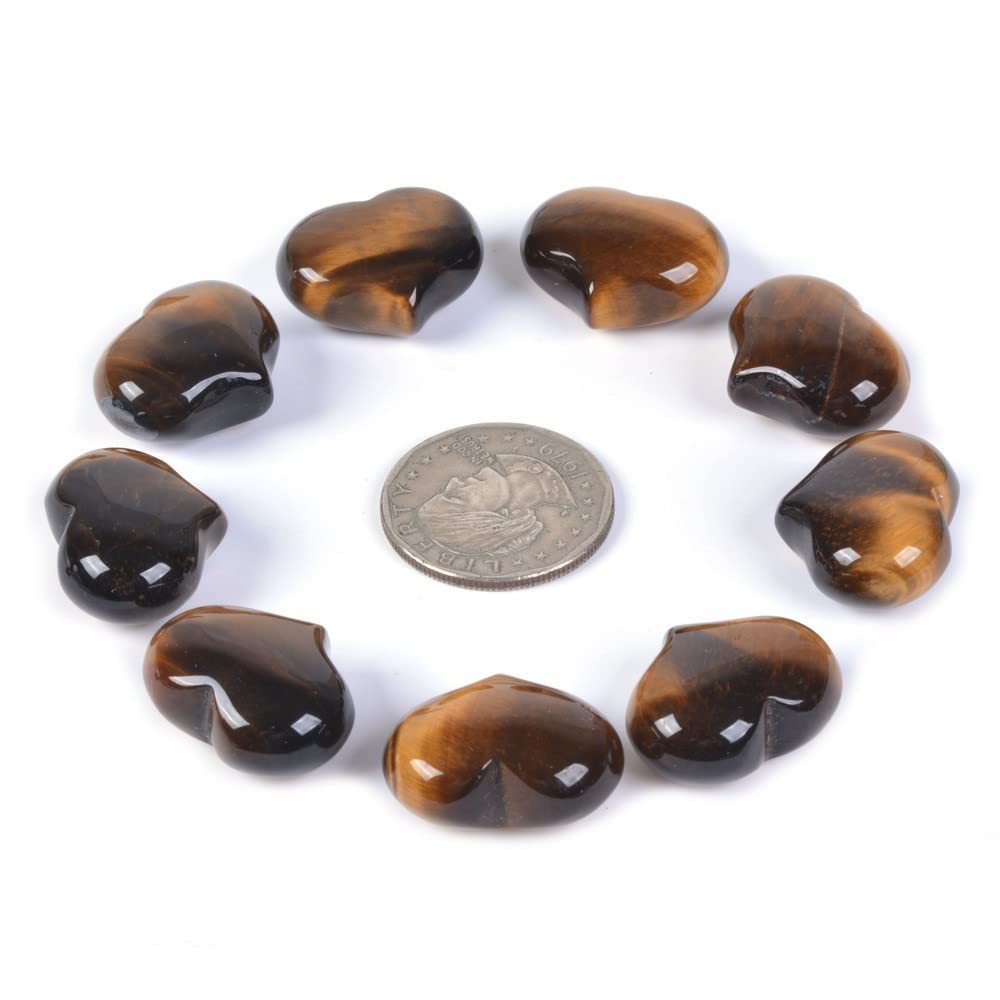 Natural Yellow Tiger Eye Gemstone Healing Crystal 1 inch Mini Puffy Heart Pocket Stone Iron Gift Box (Pack of 10)
