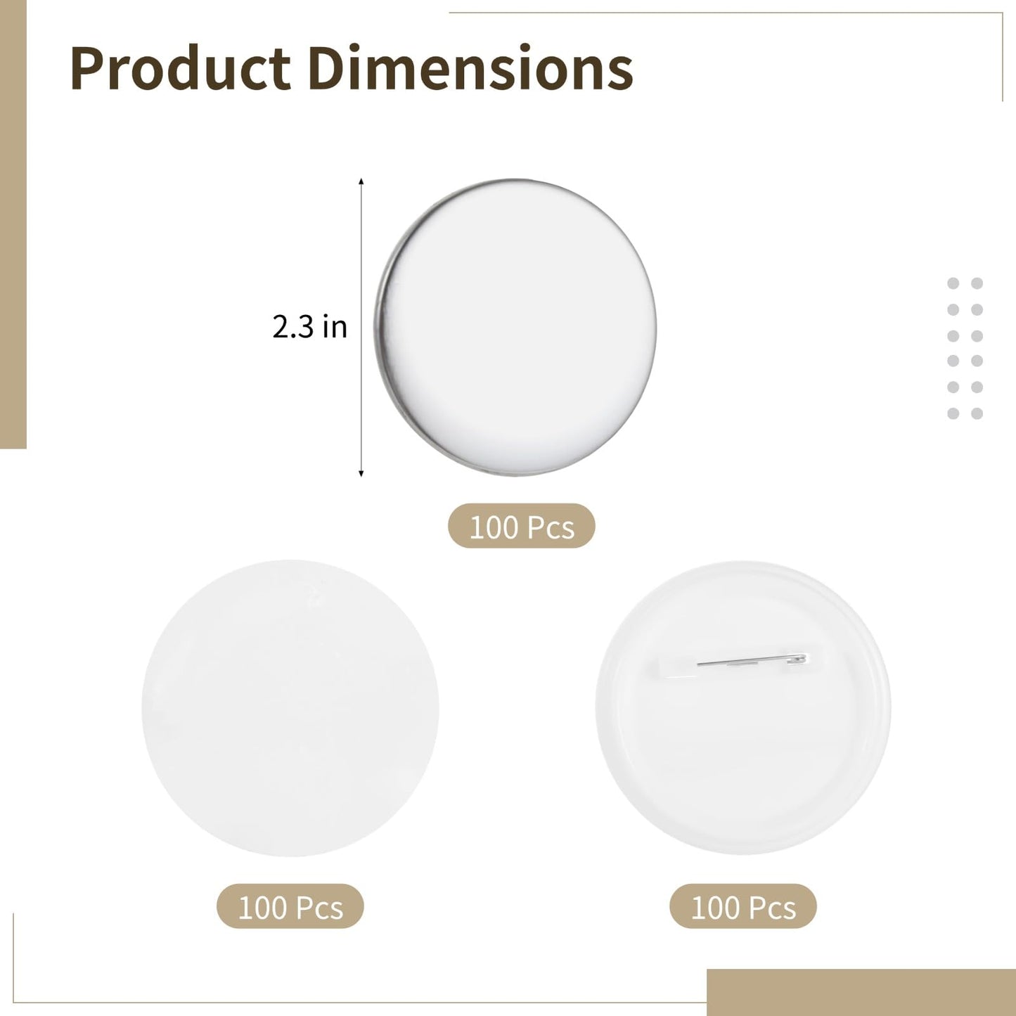 100 Sets Blank Button Making Supplies, Blank Button Badge with Metal Shells, Clear Mylar, Pin Backs, DIY Badges for Personalized Crafts, Party Favors, 58 mm/ 2.3 in