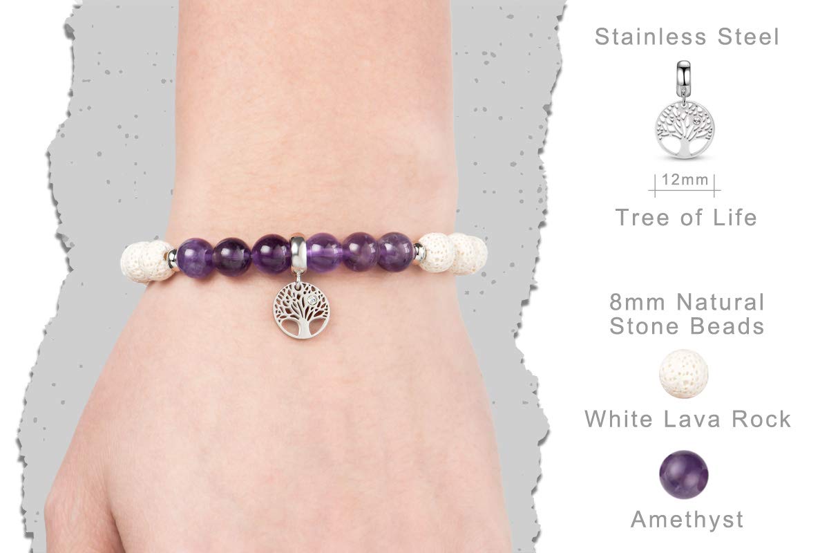 Karseer Tree of Life Charms Gemstone Beaded Bracelet Natural Crystal Amethyst White Lava Rock Essential Oil Diffuser Aromatherapy Bracelet for Women