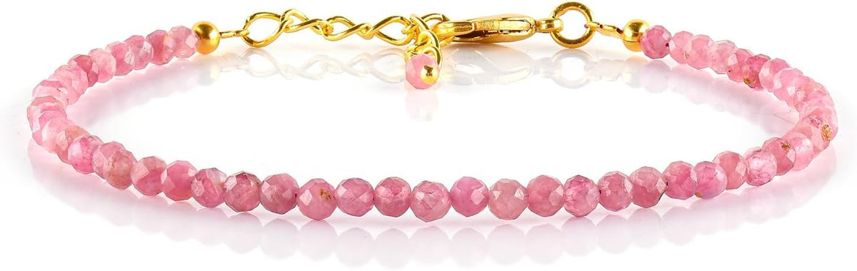 Pink Tourmaline Gemstone Micro Beads Dainty Bracelet Jewelry for Women, August Birthstone, Natural Crystals, Chakra Energy, 14k Gold Plated Chain 8 inch Adjustable