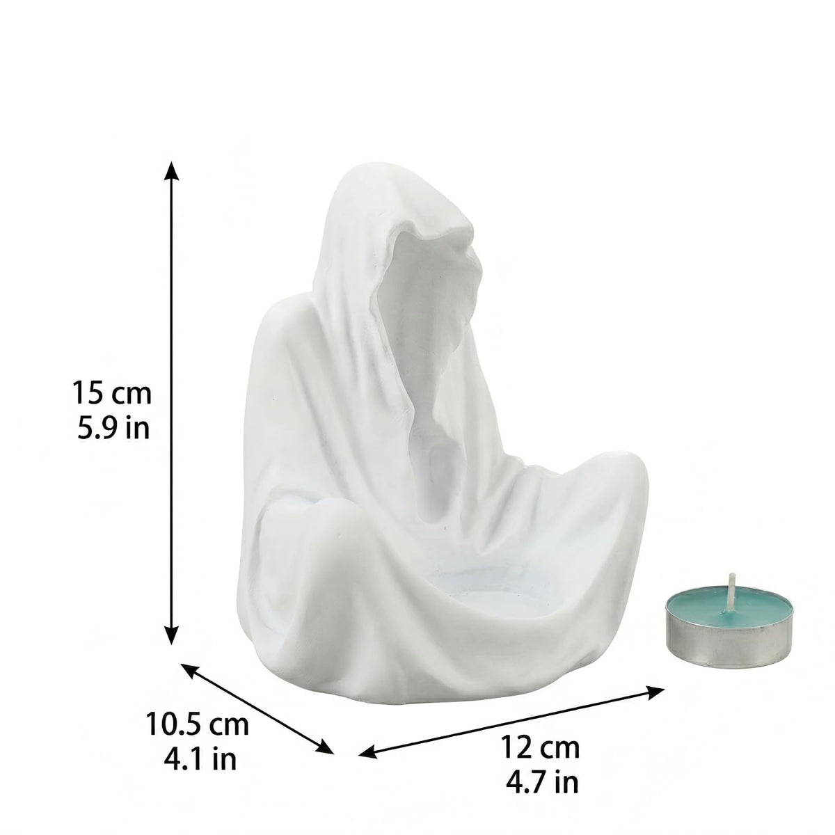 6" Gothic Ghost Candle Holder - Faceless Wizard Tea Light Burner, Dark Academia Bookshelf Decor for Halloween - Resin (White)