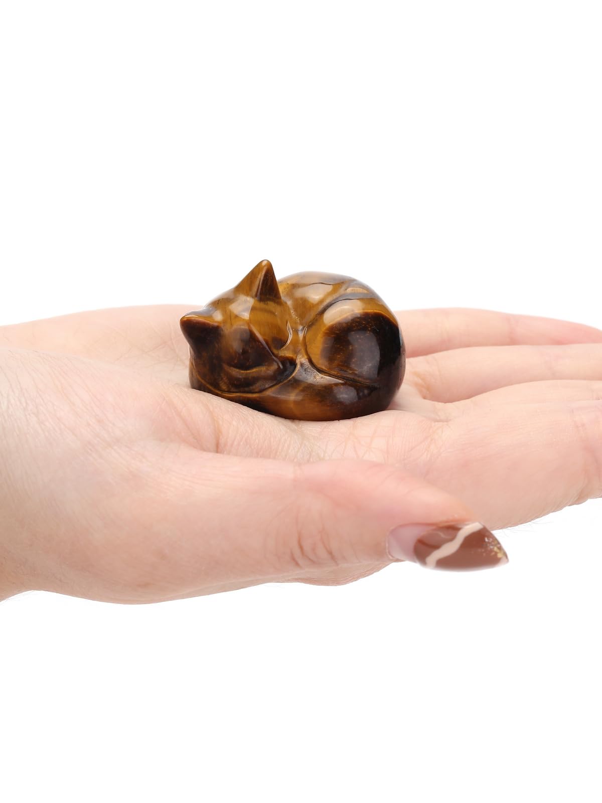 Jovivi Tiger Eye Sleeping Cat Crystal Figurine,1.6" Natural Stone Polished Carved Gemstones Lucky Kitten Statue Sculpture Home Office Desk Decor Cat Gifts for Women Cat Lovers