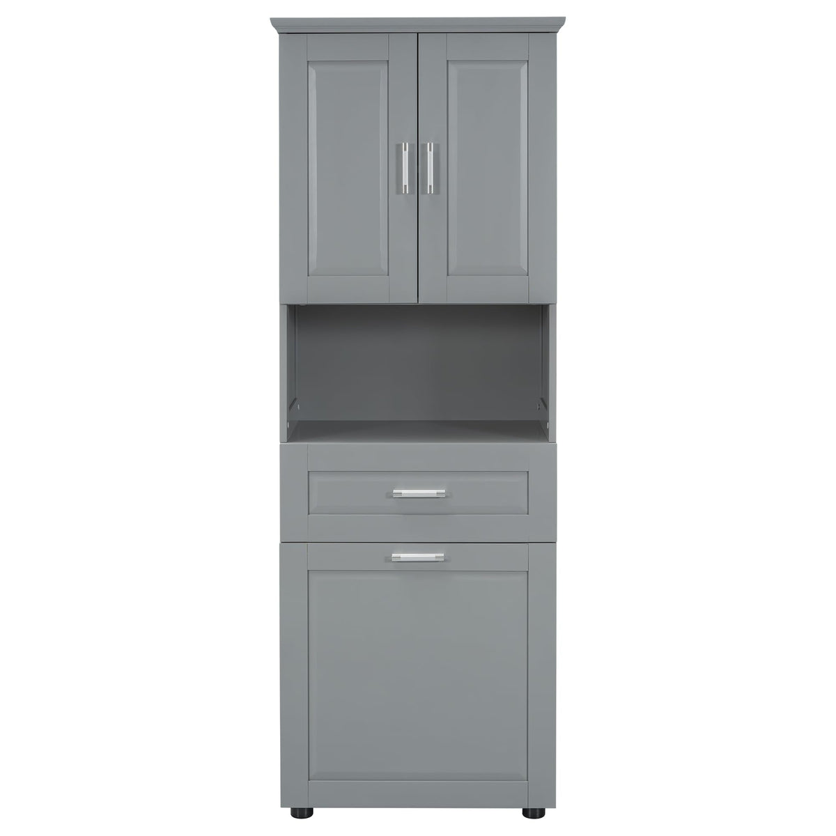 Storage Cabinet with Doors and Drawer, Multi-Functional Bathroom Storage Organizer with Laundry Hamper Basket and Open Shelf, Soft-Closing Door, Gray