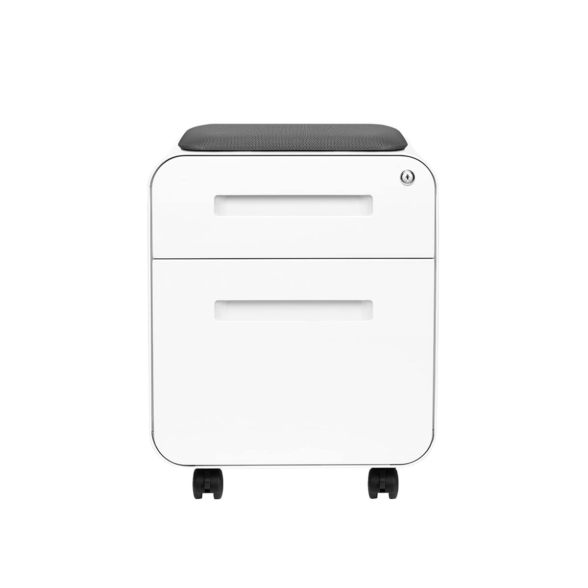 Laura Davidson Furniture STOCKPILE Mini Seated 2 Drawer Mobile File Cabinet with Removable Magnetic Cushion Seat - Short Version, Metal Filing Cabinet, Pre-Assembled, White with Grey Cushion