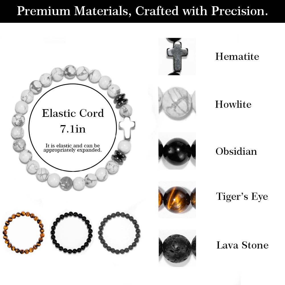 Crystery Men Beaded Bracelets, 8mm Natural Stone Bracelet, Healing Crystal, Jewelry Gifts for men, Triple Protection, Howlite, Tiger Eye, Black Obsidian Beads Bracelets, Lava Rock, Pack of 4