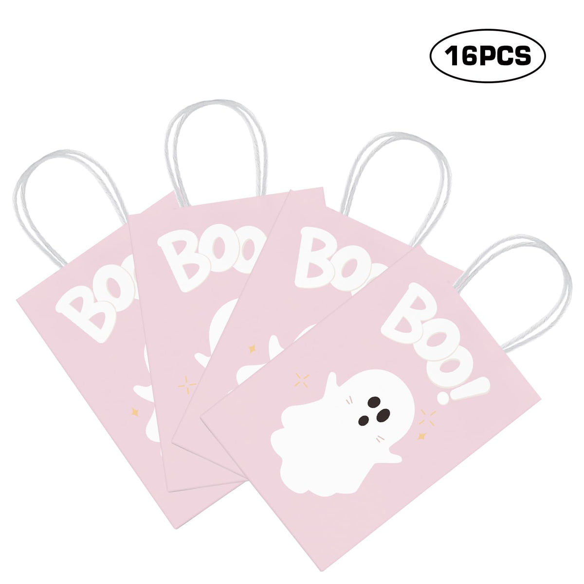 KERINGO 16 PCS Halloween Kraft Paper Gift Bags Pink Ghost Boo Design with Handles for Halloween Themed Trick or Treat Party Favors Supplies