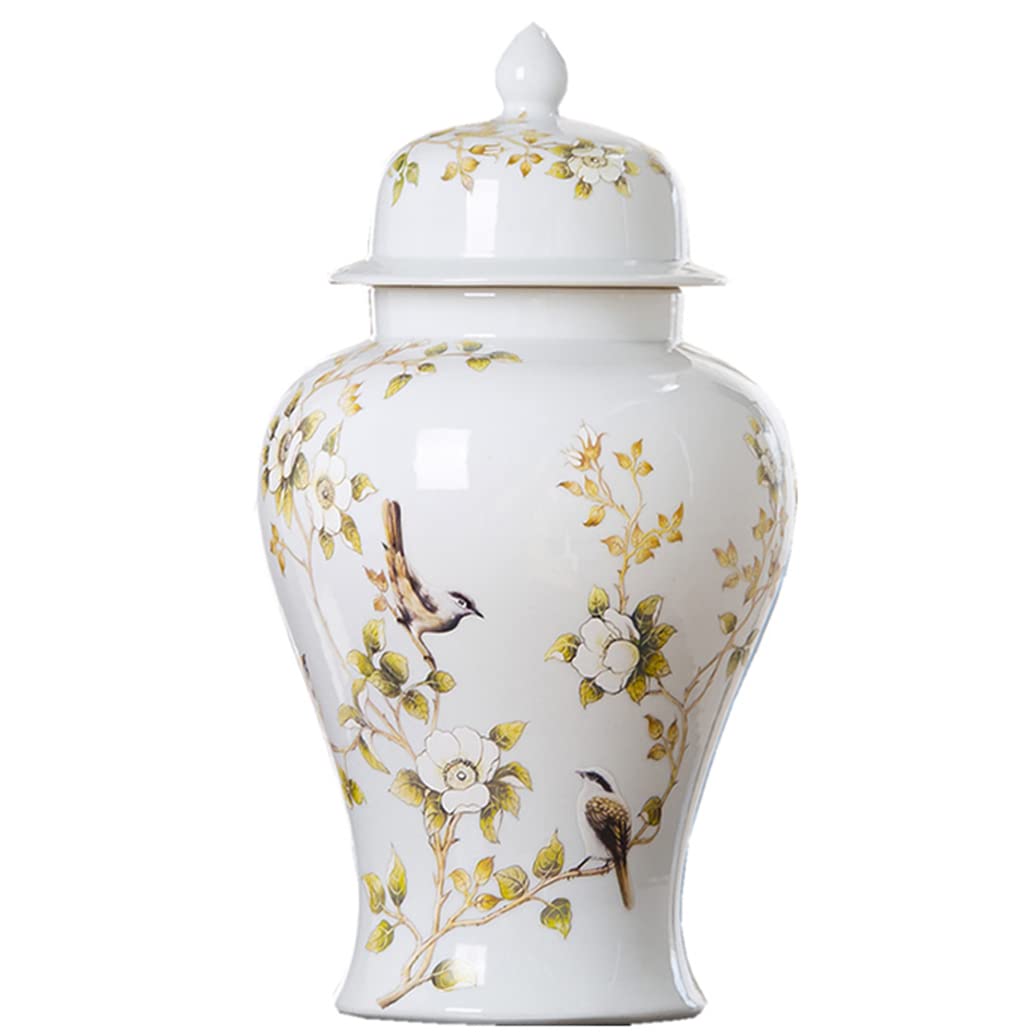 UWYTGF White Ceramic Ginger Jar with Lid for Home Decor,Traditional Chinese Flowers and Birds Temple Jar,Jingdezhen Handcrafted Porcelain Vase Centerpiece Decor L,White Small,White,M