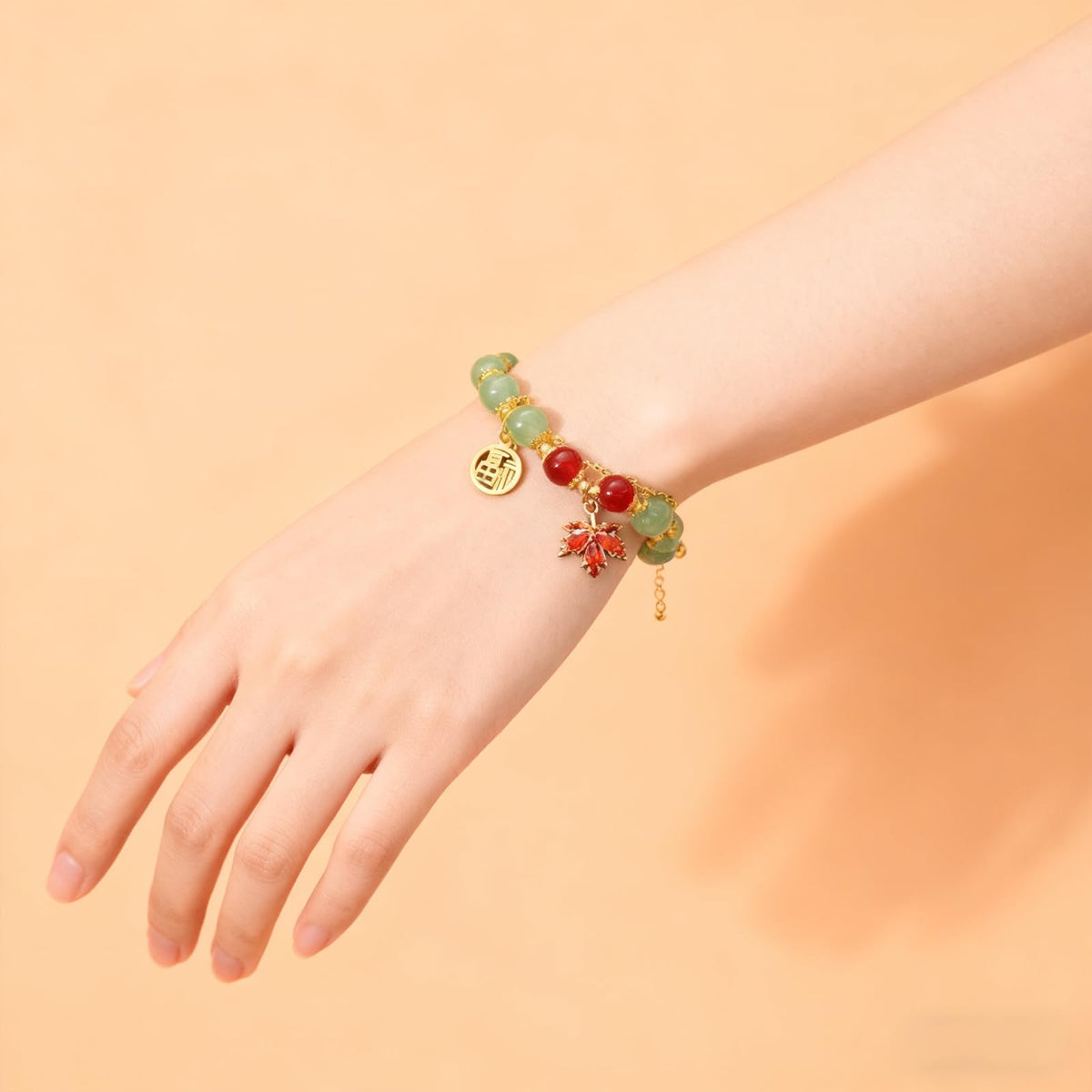 XIAOMOJEW Jade Beaded Bracelets for Women Fall Maple Pendant Bangle Bracelets Chinese Style Bangle Lucky Boho Jewelry (G Maple B)