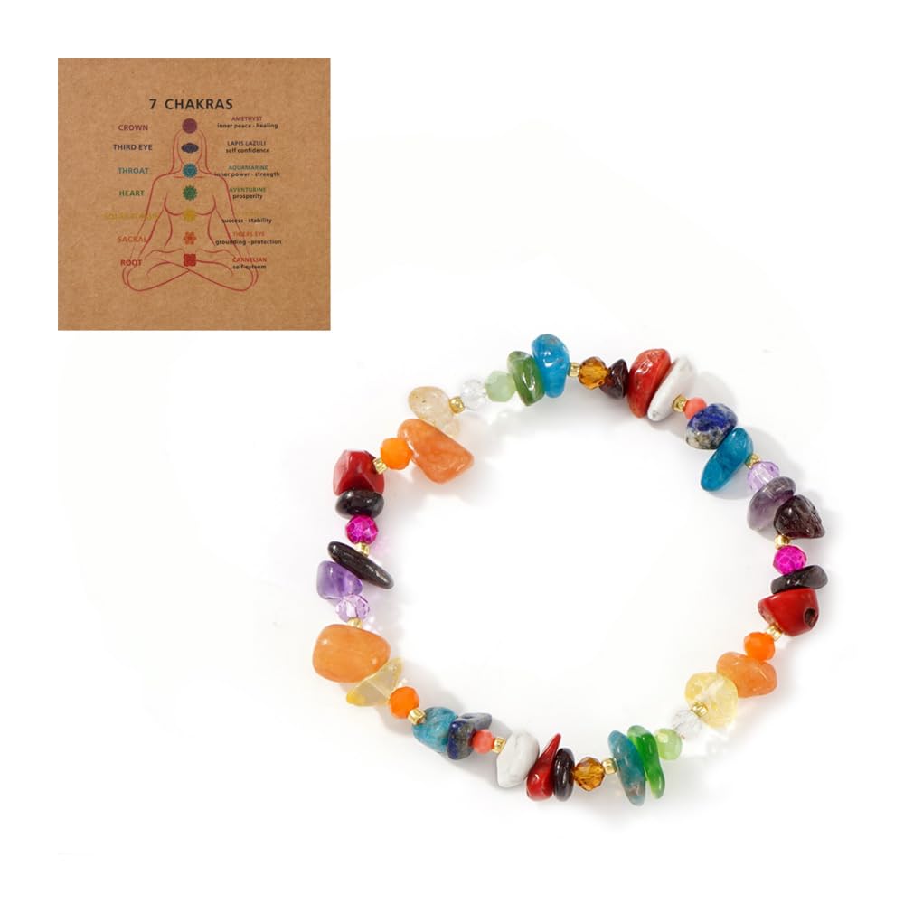 Ustome Colorful Healing Chip Crushed Crystal Inspirational Seven Chakras Beaded Bracelets for Women,Relaxation Energy Inner Peace Stretchy Jewelry,Daily Vacation FriendShip Gifts