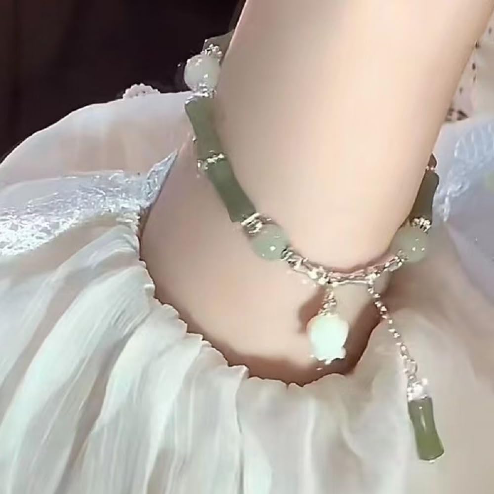 Nyx&lvy Bamboo Beaded New Chinese Style Jade for Women3-Piece Crystal Exquisite Lucky Bracelet Jewelry Elegant Green Jade Beaded Bracelet Set