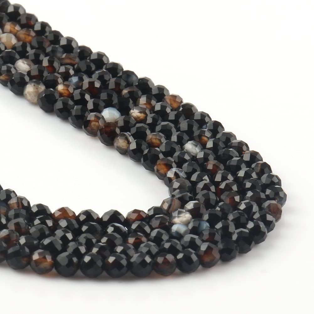 Song Xi 90pcs 4mm Natural Black Striped Agate Gemstone Beads Faceted Round Loose Stone Beads for Jewelry Making (1 Strand)