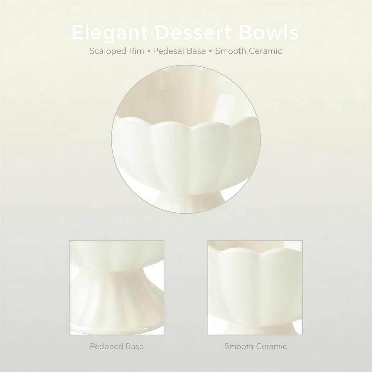 4 Pcs Ceramic Dessert Bowls Set, Elegant Scalloped Rim Pedestal Cups with 4 Spoons, 6.76 fl oz Small Dessert Bowls, Smooth Finish, Easy Clean, 4.5 x 3.5 in for Ice Cream, Snacks, Puddings, White