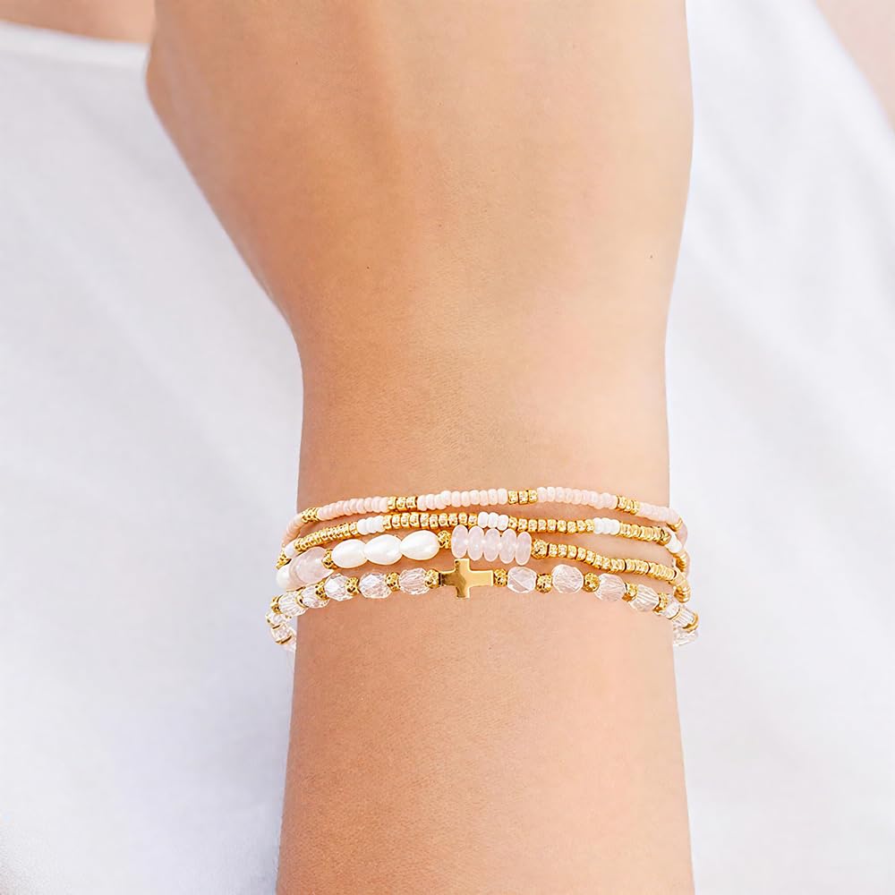 Bohxantium Gold Pearl Crystal Cross Bracelet for Women 14K Gold Plated Beads Pearl Pink Crystal Beaded Bracelet Stack Stretch Stackable Non Tarnish Trendy Jewelry Friendship Christian Gift for Women