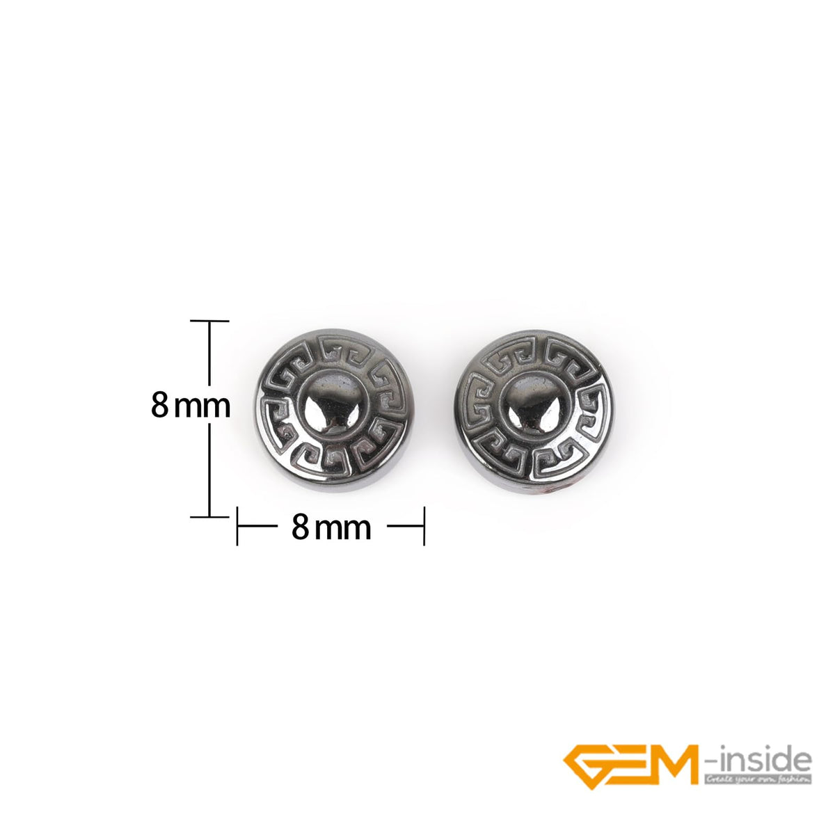 GEM-Inside 46pcs 8mm Natural Black Hematite Double Side Carved Maya Sun Sign Coin Beads for Bracelet Necklace Jewelry Making Power Energy Chakra Beads