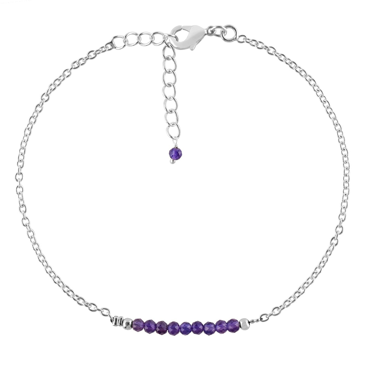 YANARA Amethyst Ankle Bracelet for Women Jewelry, Natural Birthstone, Gemstone Beads, Handmade Dainty Anklet 9"+1.25" inch, 3mm Rounds, Chakra Energy Crystals, Silver Plated Chain
