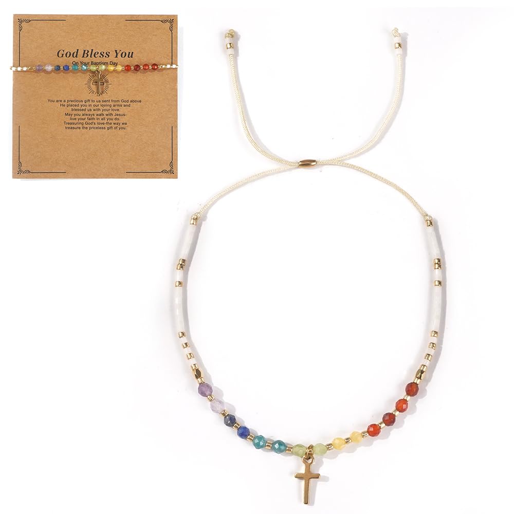 Opalencian 7 Chakra Cross Healing Crystal Beaded White Adjustable Bracelets for Women Dainty Energy Stone Beads Friendship bracelet,Handmade Fashion Charm Jewelry Gifts