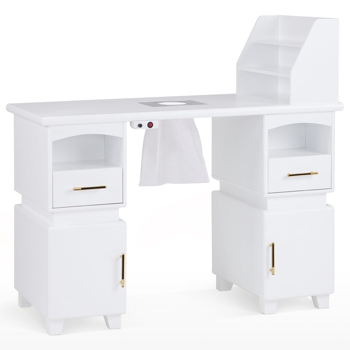 BarberPub Professional Nail Station Desk Manicure Table with Electric Dust Collector, Nail Makeup Desk with Shelves, Storage Beauty Salon Workstation with 4 Drawers Storage Cabinets VC258 (White)