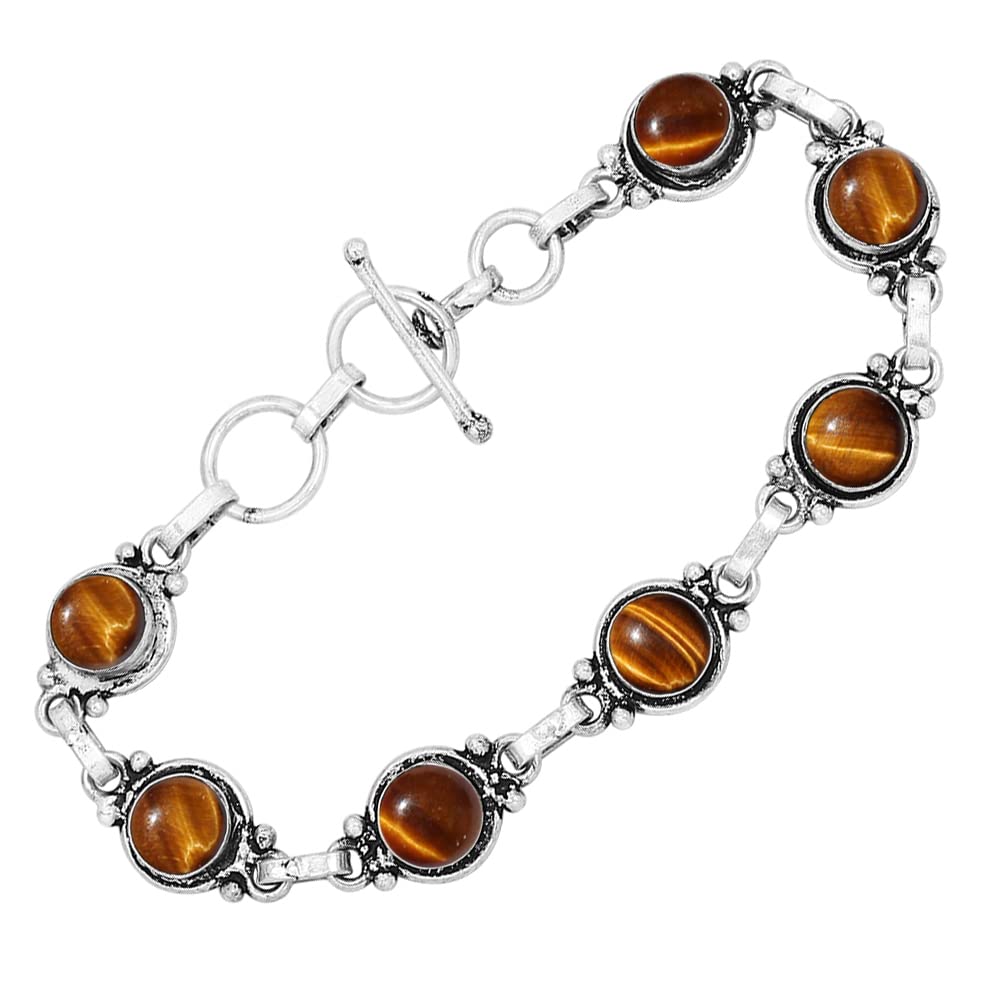 Natural Tiger Eye 925 Silver Plated Round Gemstone Adjustable Bracelet for Women - November Birthstone Bohemian Vintage Style Handmade Jewelry Bracelet - Gift for Her