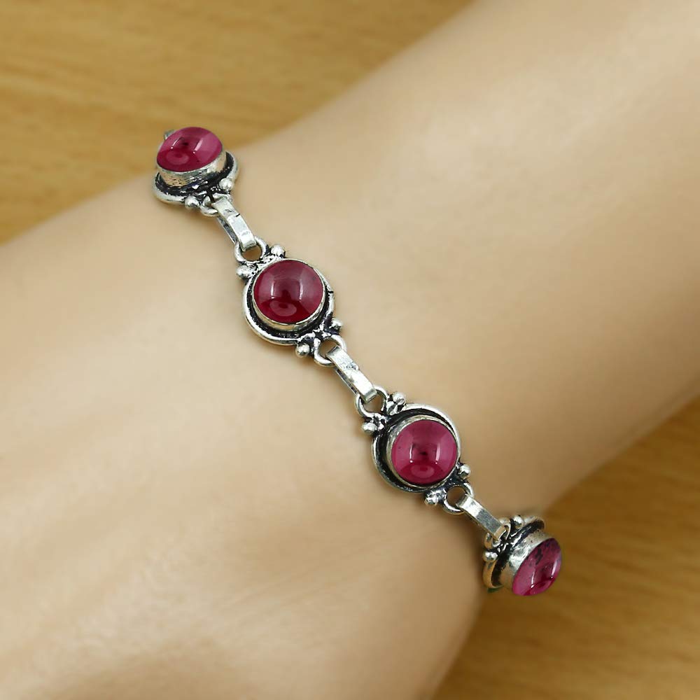 Natural Garnet 925 Silver Plated Vintage Style Bracelet for Women - Red Stone January Birthstone Handmade Adjustable Link Bracelet - Valentine's Day Gifts for Her