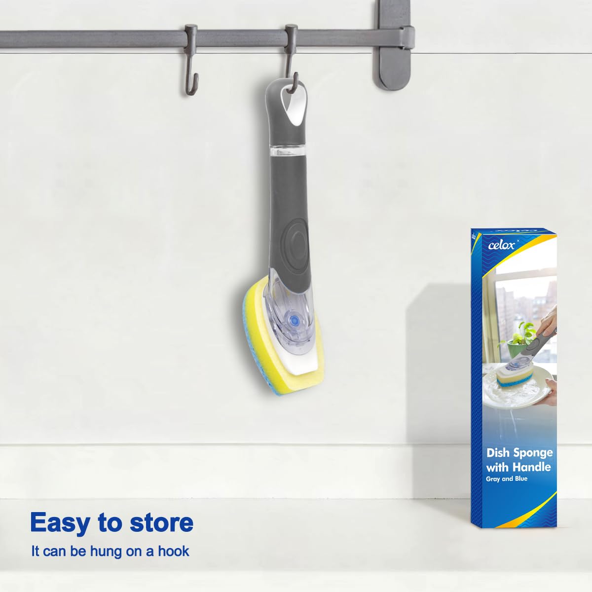 CELOX Dish Sponge with Handle, Non-Scratch Soap Dispensing Dishwand