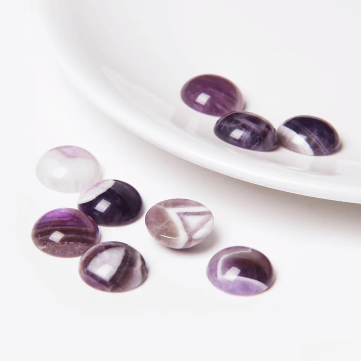 2TTFishoo 20pcs 10mm Natural Stone No Hole Amethyst Semicircle Smooth Cabochons Beads Healing Chakra Crystal Stone Bead for Jewelry Making Rings Earrings Necklace Bracelet DIY Crafts