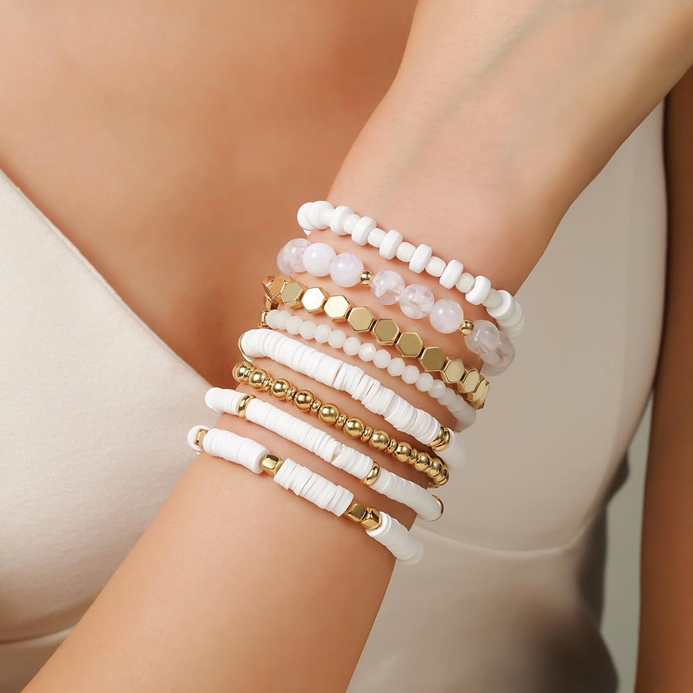 YEOSMINE Boho Heishi Clay Beaded Stretch Bracelets Stack For Women, Preppy Teens Friendship Gold Bracelets Cute Beach Surfer Accessories Bulk Set Trendy Fashion Jewelry