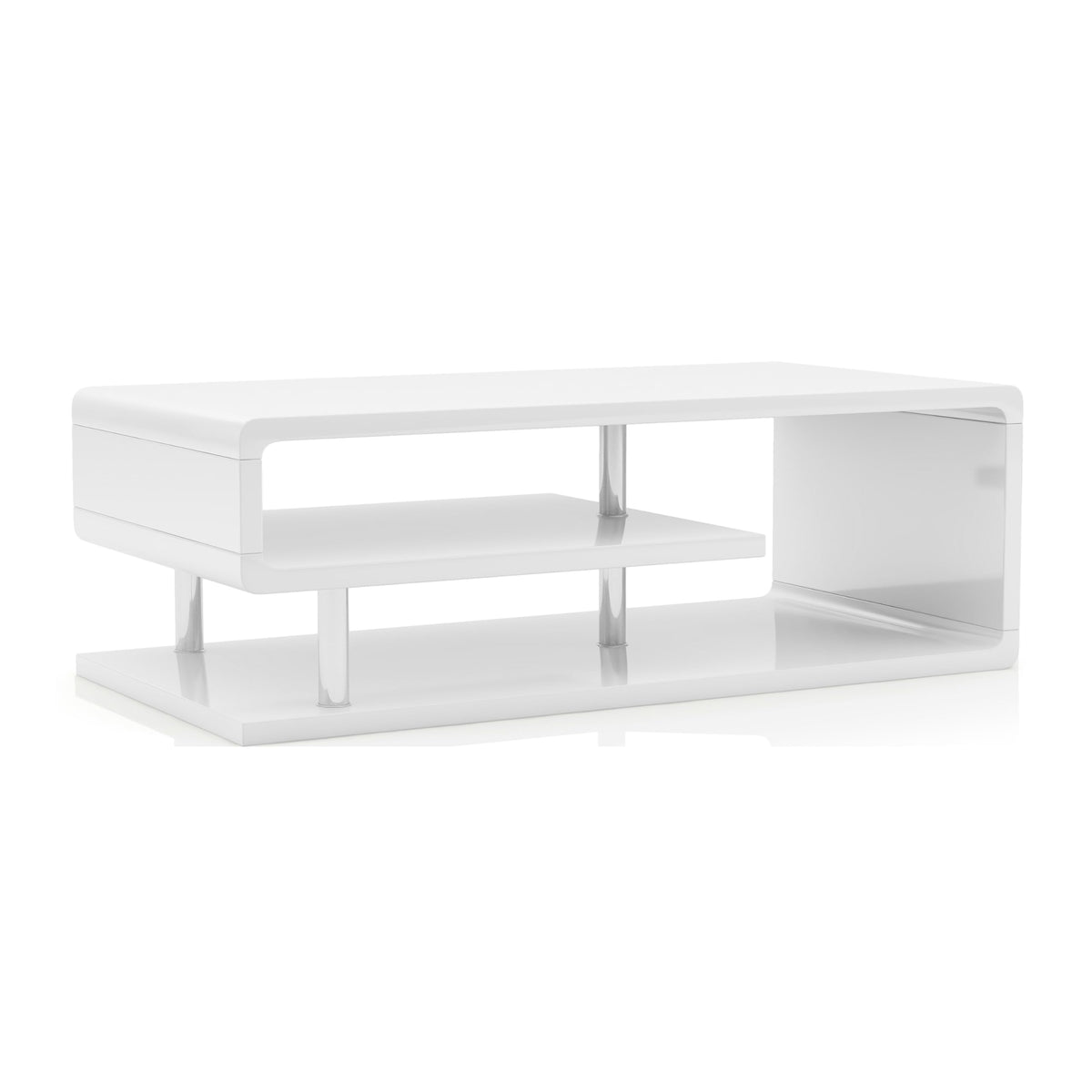 24/7 Shop At Home Vannie 47” Modern Rectangle Coffee Table, Contemporary Furniture, G-Shaped Open Shelf Storage For Living Room, Home Office, Bedroom, Gloss Coating, Round Edge, White