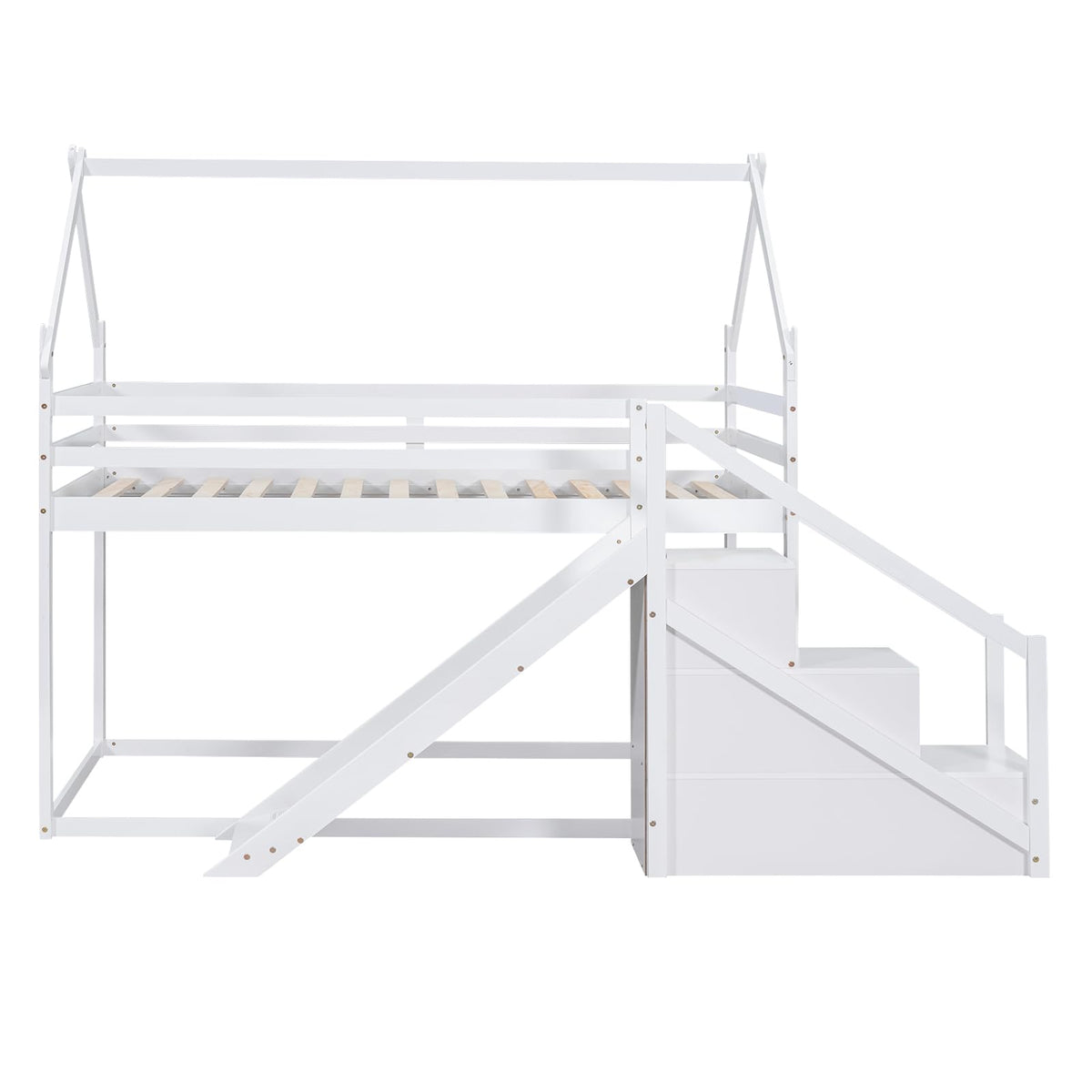 Merax Twin Over Twin Bunk Bed with Full-Length Guardrails for Teens, Boys, Girls, Wooden House Bed Frame & Slide and Storage Stairs for Children's Room, Bedroom, No Box Spring Needed, White