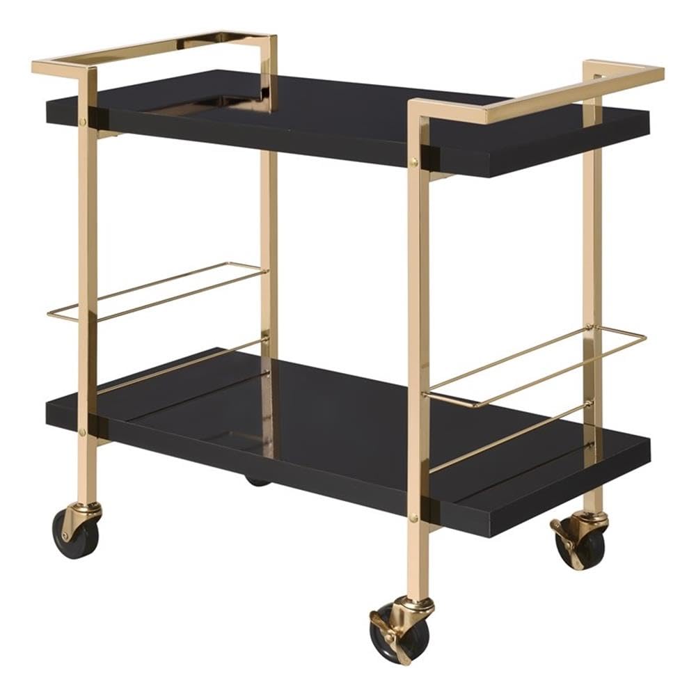 Pemberly Row Modern Serving Cart, Black Metal and Gold Frame, 32"W x 16"D x 30.5"H, 2-Tier Design, High-Sheen Laminate Surface, Locking Casters, Bottle Caddies, Bar and Cocktail Station for Parties