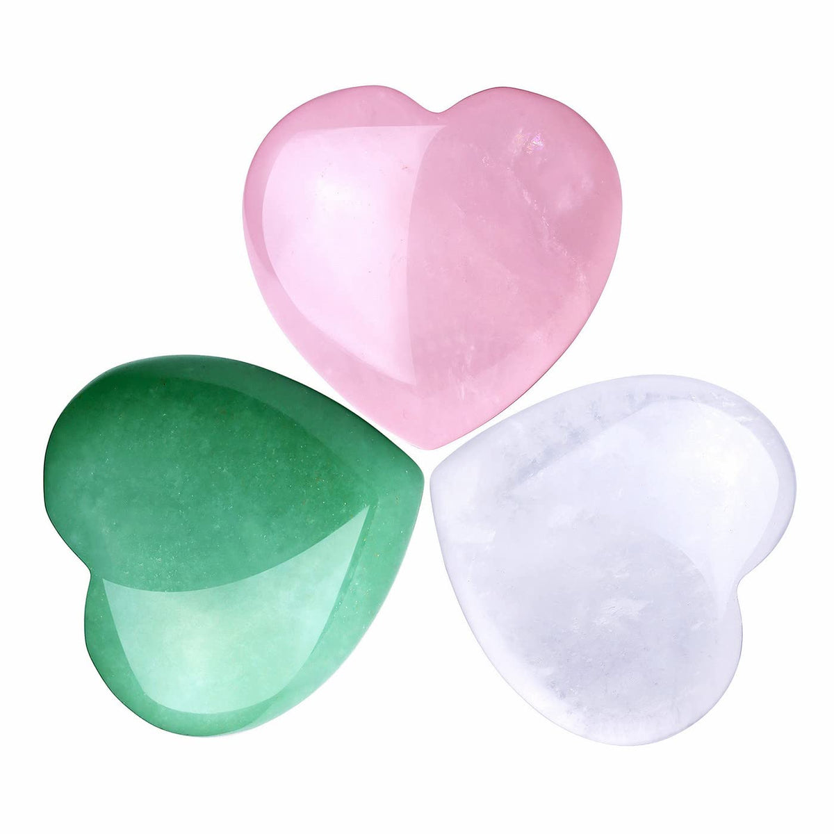 QINJIEJIE 3 PCS 1.2" Large Heart Crystals Rose Quartz Clear Crystal Green Aventurine Healing Natural Love Heart Shape Stones Polished Thumb Gemstones Therapy Reiki Energy Balancing Gifts