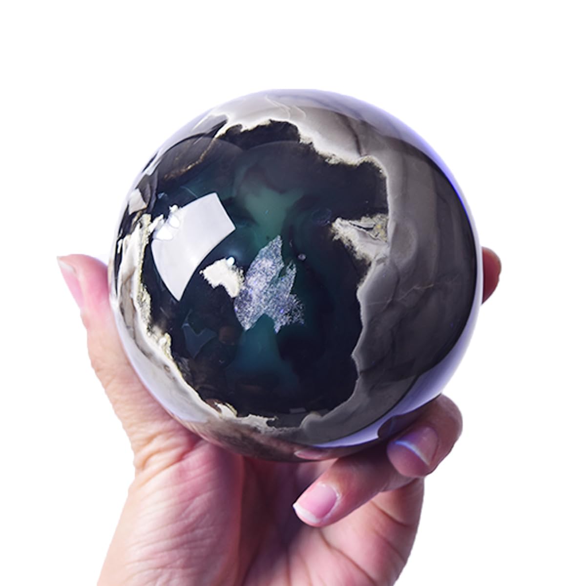 JIC Gem Volcanic Agate Crystal Sphere Large Quartz Crystal Ball with Stand Healing Ornament Witchcraft Meditation Decor 3.5-4 inch(90-100mm)