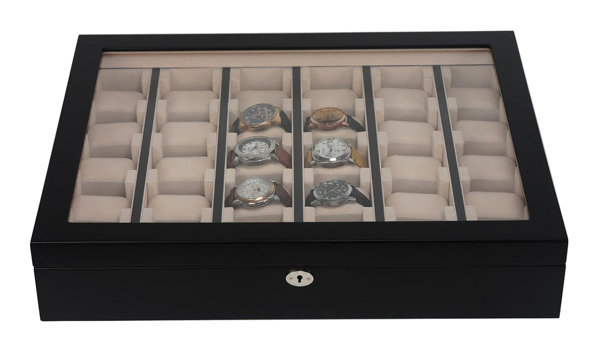 TIMELYBUYS 30 Piece Black Wood Watch Display Wall Hanging Case and Storage Organizer Box and Stand for Oversized Watches