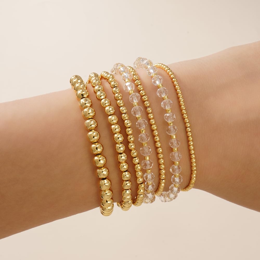 Dainty Gold Beaded Bracelet Stack for Women,Bohemia Stretch White Glass Beads Non Tarnish Stackable Bracelets Set Fashion Prom Party Holiday Accessories Jewelry Gift Friendship