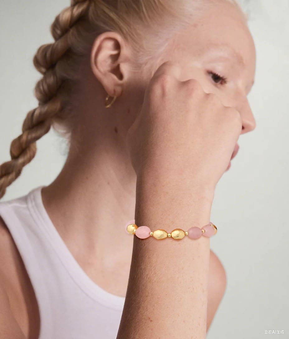 NVWAROCK Beaded Bracelet for Women, Gemstone Bracelet, 14K Gold Plated Stackable Handmade Oval Stone Bracelet Jewelry Gift - Pink