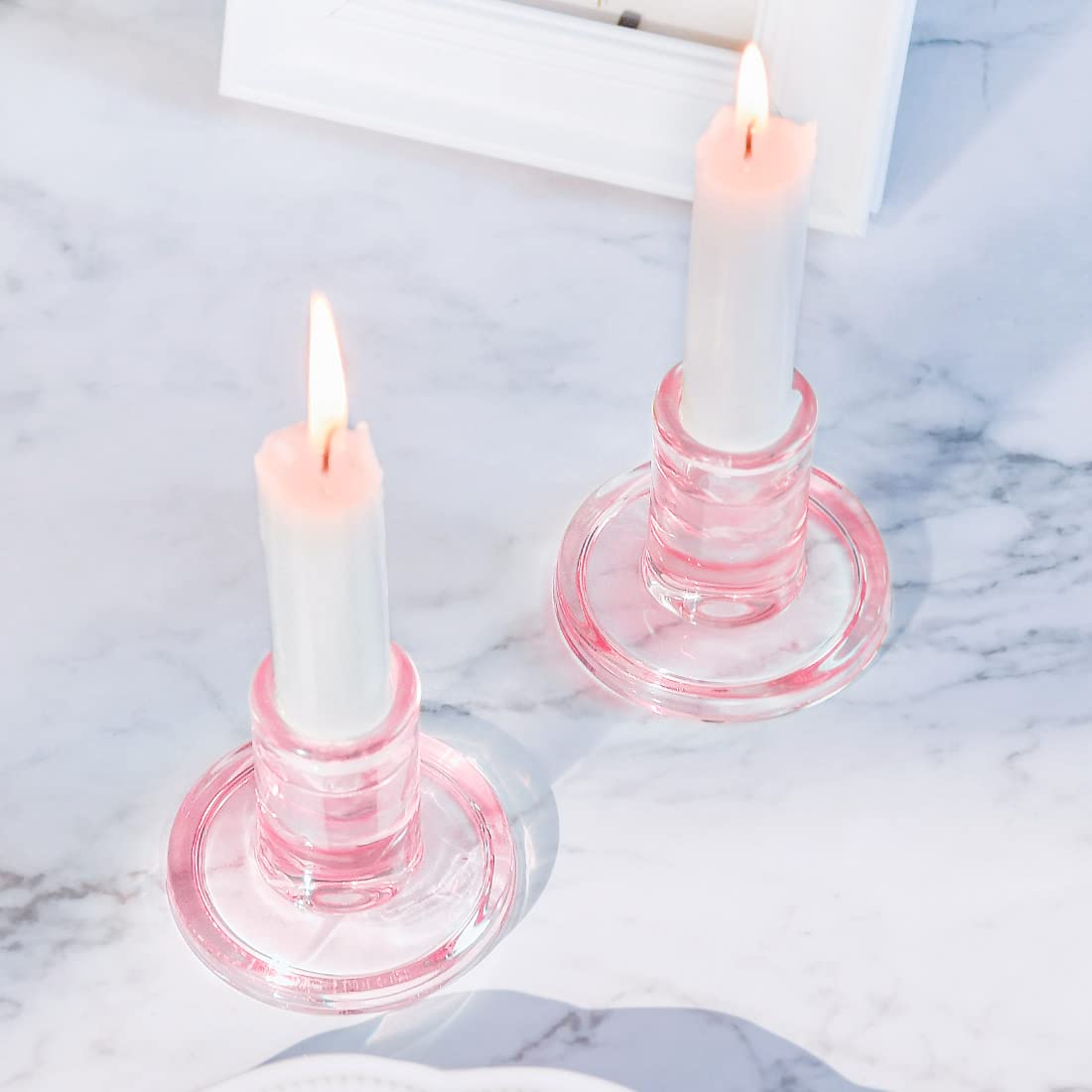 12PCS Pale Pink Taper Candle Holders, Glass Crystal Candlestick Holders Bulk, Clear Candle Holders for Dining Table Centerpiece，More Suitable for Weddings