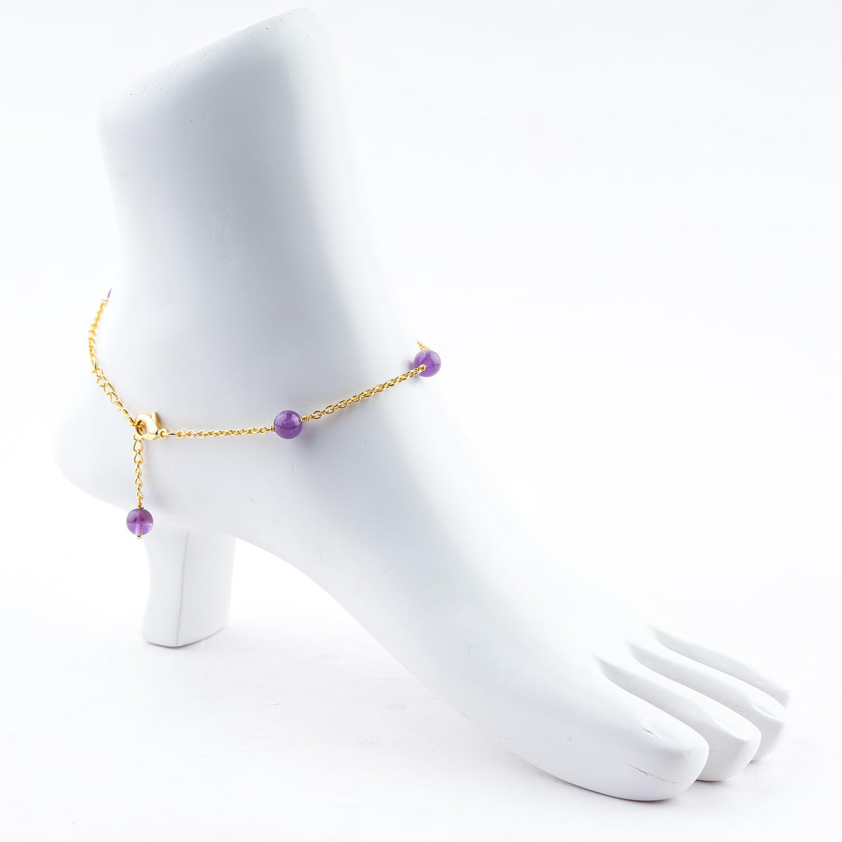 Jewel of Rocks Amethyst Beaded Anklet Bracelet, Handmade Craft, Beads, Chakra Healing, Gemstone Women Jewelry, Hypoallergenic Gold Plated Brass 9 inch + 1.5 inch (1pcs)