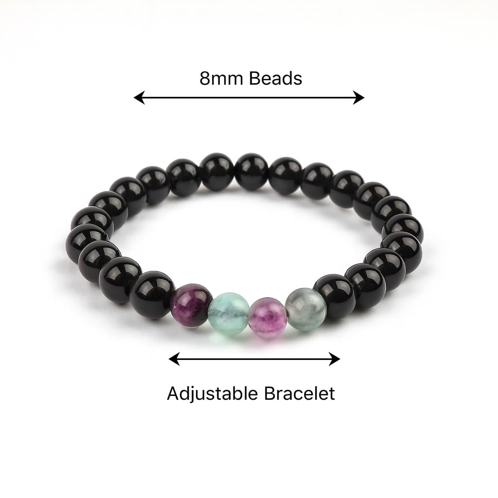 PRECIOUS PEBBLE Obsidian, Tourmaline & Fluorite Bracelets, Natural 8mm Crystal Beads, Handmade Stretch Bracelet for Men & Women – Symbolic Gift Accessory for Balance & Grounded Style